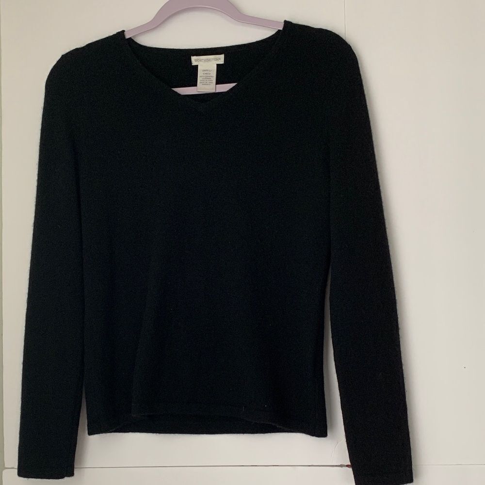 Worthington Women Cashmere Black V-Neck Long Sleeve Sweater Size S